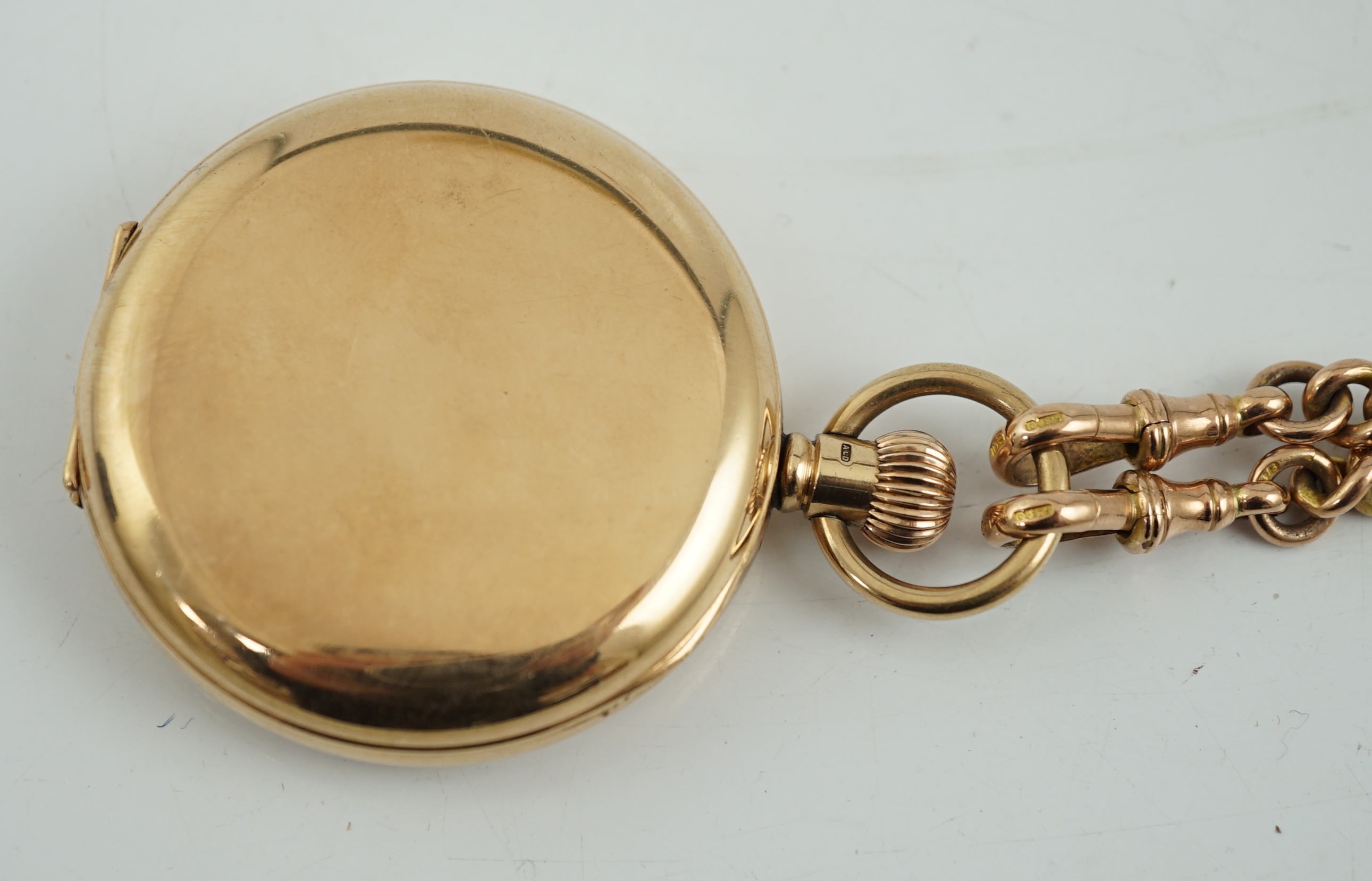 A George V 9ct gold J.W. Benson keyless half hunter pocket watch